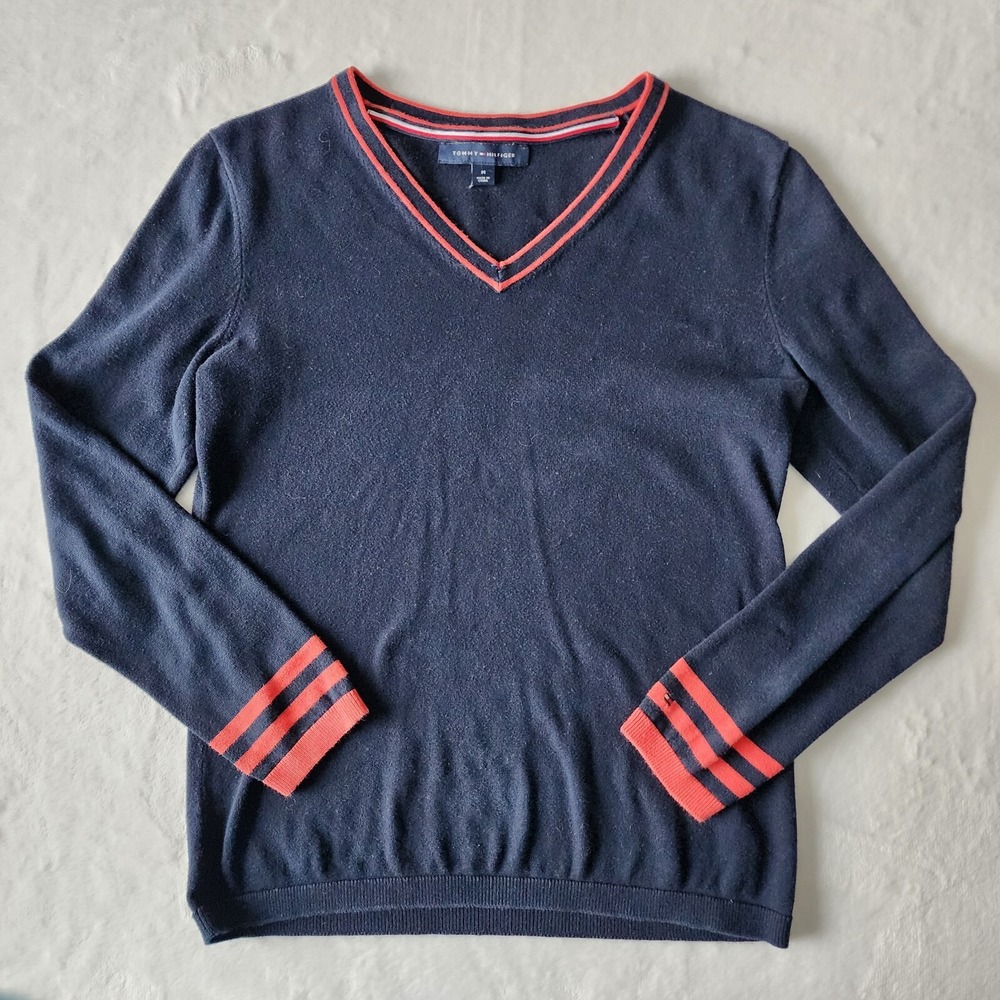 Tommy Hilfiger Sweater‎ Womens Medium Navy Red Trim Cotton Knit Y2K 90s Preppy